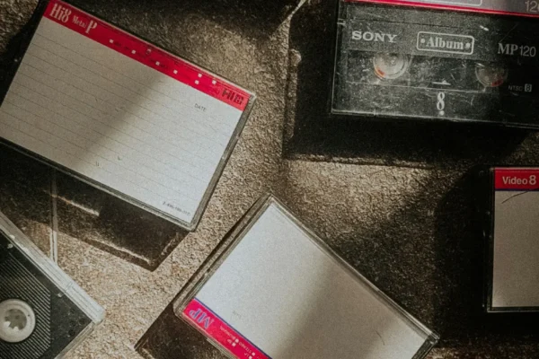 Collection of vintage cassette tapes and empty cases scattered on a carpeted floor, including Sony and labeled albums.