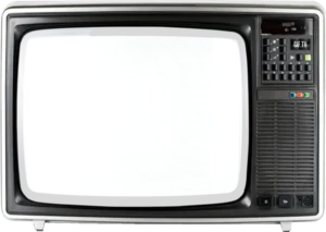 Vintage portable television with white screen, black bezel, and control panel on right side labeled "GIF.TV